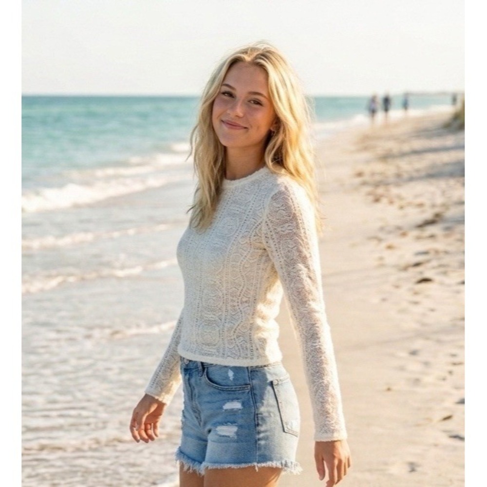 Commense Womens Lace Knit Long Sleeve Sweater Size S Ivory Dainty Romantic
